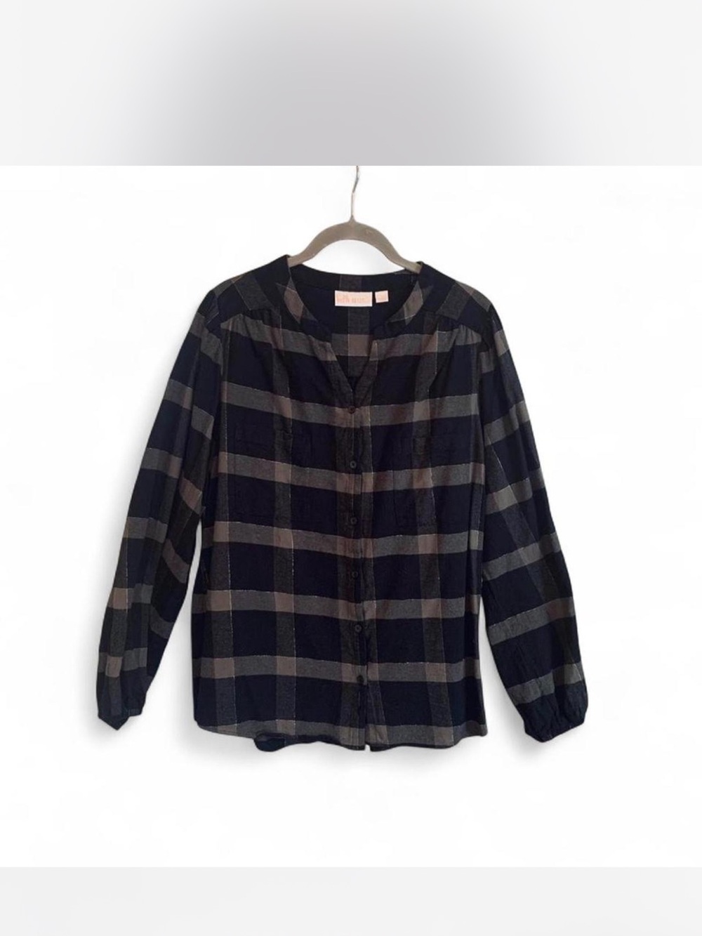 Belle by Kim Gravel  Gray Plaid Button-Down Shirt with gold threading size L